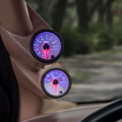 GlowShift White 7 Color 20 PSI Turbo Boost Gauge Kit - تتضمن خرطوم ميكانيكي وتركيبات - قرص أبيض - عدسة شفافة - للسيارة والشاحنات - 2-1/16 بوصة 52 مم in Kuwait