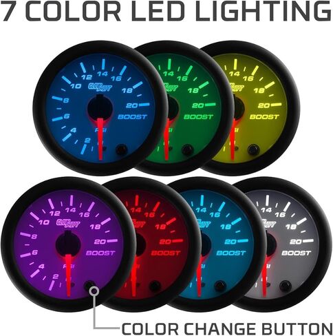 GlowShift White 7 Color 20 PSI Turbo Boost Gauge Kit - تتضمن خرطوم ميكانيكي وتركيبات - قرص أبيض - عدسة شفافة - للسيارة والشاحنات - 2-1/16 بوصة 52 مم in Kuwait