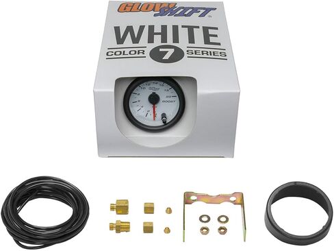 GlowShift White 7 Color 20 PSI Turbo Boost Gauge Kit - تتضمن خرطوم ميكانيكي وتركيبات - قرص أبيض - عدسة شفافة - للسيارة والشاحنات - 2-1/16 بوصة 52 مم in Kuwait
