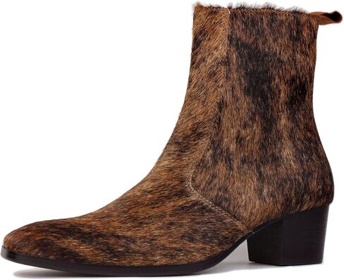 OSSTONE Men Chelsea Ankle Boots Leather Pony Hair Chukka Boots with Side Zipper Heel Dress Boots OS-JY021-D-R Wild Brown in Saudi Arabia
