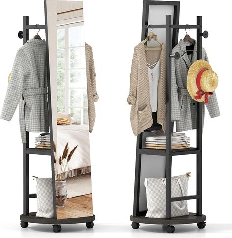 Tangkula Full Length Mirror with Coat Rack, Swivel 55" Standing Floor Mirror on Wheels with Shelves, Hanging Rods & Hooks, Coat Tree with Full Body Mirror for Living Room, Entryway, Bedroom in Saudi Arabia