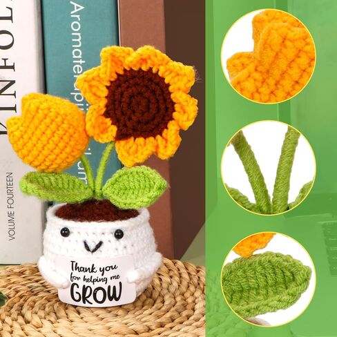 زينة كروشيه عباد الشمس الإيجابية الصغيرة المصنوعة يدويًا مع بطاقة، شكرًا لمساعدتي على النمو، هدايا للمدرسين للنساء، والكريسماس، وأعياد الميلاد، والتخرج، وهدية السنة الجديدة. in Kuwait