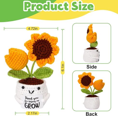 زينة كروشيه عباد الشمس الإيجابية الصغيرة المصنوعة يدويًا مع بطاقة، شكرًا لمساعدتي على النمو، هدايا للمدرسين للنساء، والكريسماس، وأعياد الميلاد، والتخرج، وهدية السنة الجديدة. in Kuwait