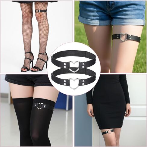 2Pcs Leather Heart Garter, Adjustable Thigh Garter Belt Punk Rock Leg Ring for Women Cosplay Party (Black) in Saudi Arabia