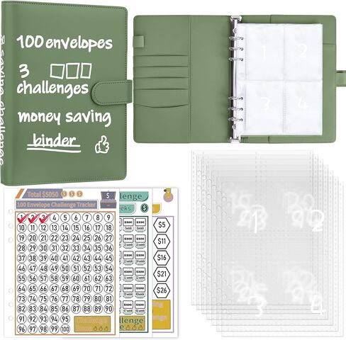 100 Envelopes Money Saving Challenge Binder, A5 Budget Binder with Cash Envelopes, Savings Challenges Book to Save $500, 5,050, 10,000 Budget Planner for Budgeting Saving Money, Olive Green in Saudi Arabia