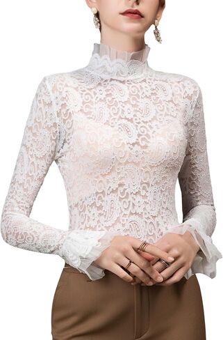 METWAY ملابس علوية نسائية من الدانتيل بأكمام طويلة قميص دانتيل شفاف شفاف من خلال الكشكشة المطرزة قميص داخلي مثير للخروج بلوزة مثيرة in Kuwait