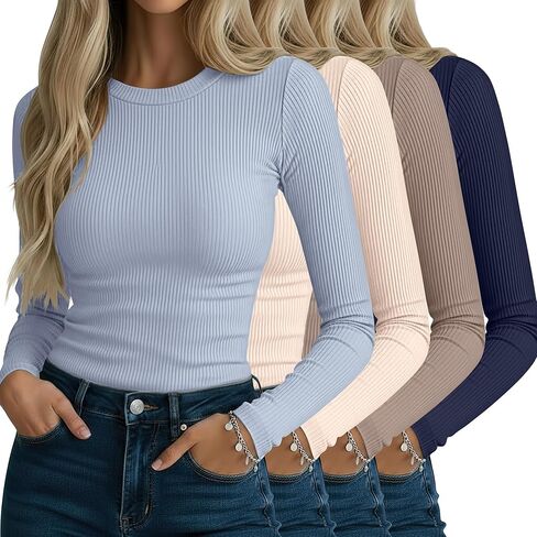 Neer 4 Pack قمصان نسائية مضلعة طويلة الأكمام، قطن رقبة دائرية قمصان علوية ضيقة قابلة للتمدد كاجوال بطبقة أساسية أساسية in Kuwait