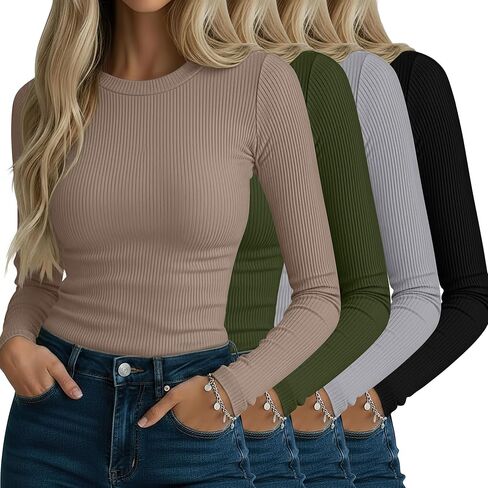 Neer 4 Pack قمصان نسائية مضلعة طويلة الأكمام، قطن رقبة دائرية قمصان علوية ضيقة قابلة للتمدد كاجوال بطبقة أساسية أساسية in Kuwait