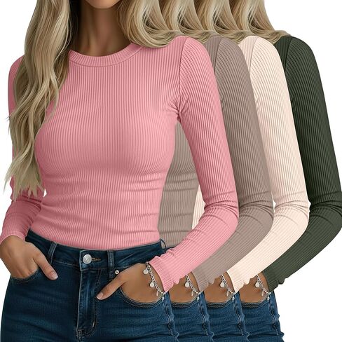 Neer 4 Pack قمصان نسائية مضلعة طويلة الأكمام، قطن رقبة دائرية قمصان علوية ضيقة قابلة للتمدد كاجوال بطبقة أساسية أساسية in Kuwait