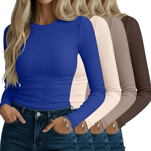 Neer 4 Pack قمصان نسائية مضلعة طويلة الأكمام، قطن رقبة دائرية قمصان علوية ضيقة قابلة للتمدد كاجوال بطبقة أساسية أساسية in Kuwait