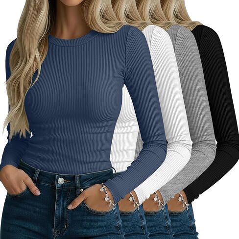 Neer 4 Pack قمصان نسائية مضلعة طويلة الأكمام، قطن رقبة دائرية قمصان علوية ضيقة قابلة للتمدد كاجوال بطبقة أساسية أساسية in Kuwait
