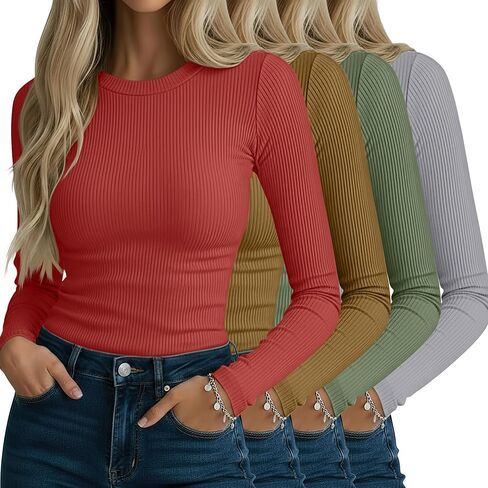 Neer 4 Pack قمصان نسائية مضلعة طويلة الأكمام، قطن رقبة دائرية قمصان علوية ضيقة قابلة للتمدد كاجوال بطبقة أساسية أساسية in Kuwait