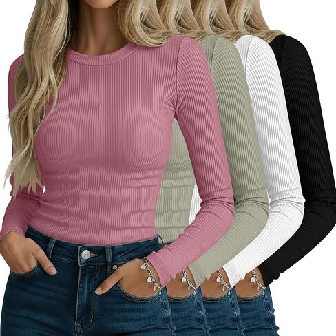 Neer 4 Pack قمصان نسائية مضلعة طويلة الأكمام، قطن رقبة دائرية قمصان علوية ضيقة قابلة للتمدد كاجوال بطبقة أساسية أساسية in Kuwait