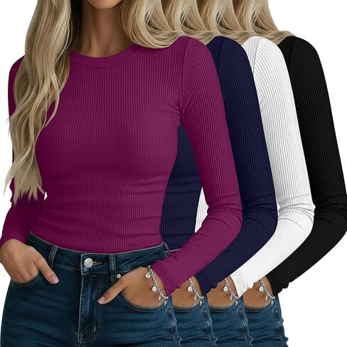 Neer 4 Pack قمصان نسائية مضلعة طويلة الأكمام، قطن رقبة دائرية قمصان علوية ضيقة قابلة للتمدد كاجوال بطبقة أساسية أساسية in Kuwait