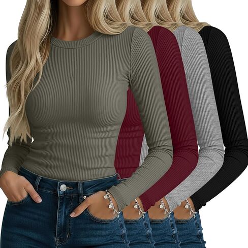 Neer 4 Pack قمصان نسائية مضلعة طويلة الأكمام، قطن رقبة دائرية قمصان علوية ضيقة قابلة للتمدد كاجوال بطبقة أساسية أساسية in Kuwait