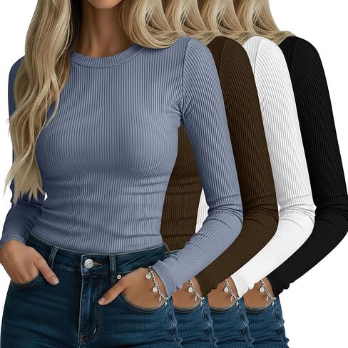 Neer 4 Pack قمصان نسائية مضلعة طويلة الأكمام، قطن رقبة دائرية قمصان علوية ضيقة قابلة للتمدد كاجوال بطبقة أساسية أساسية in Kuwait