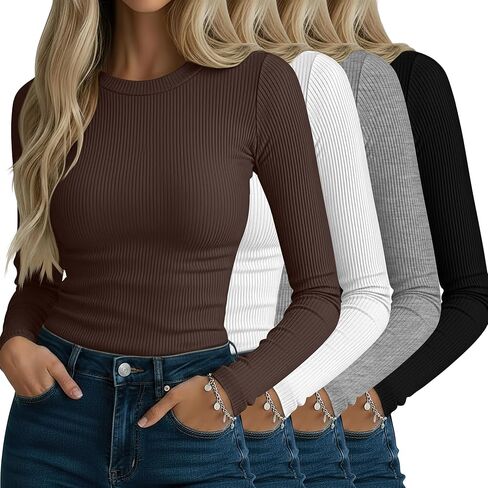 Neer 4 Pack قمصان نسائية مضلعة طويلة الأكمام، قطن رقبة دائرية قمصان علوية ضيقة قابلة للتمدد كاجوال بطبقة أساسية أساسية in Kuwait