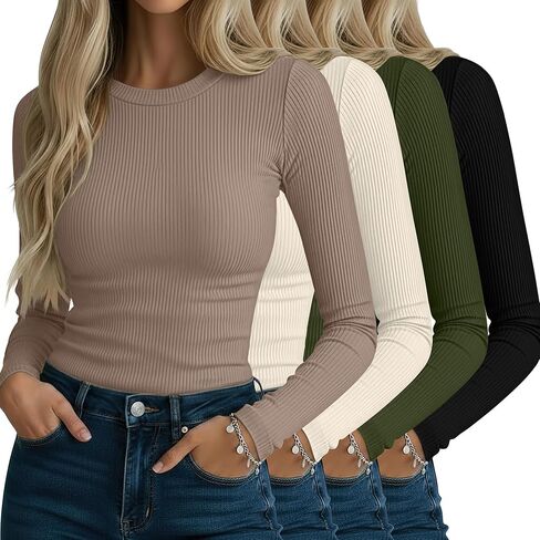 Neer 4 Pack قمصان نسائية مضلعة طويلة الأكمام، قطن رقبة دائرية قمصان علوية ضيقة قابلة للتمدد كاجوال بطبقة أساسية أساسية in Kuwait