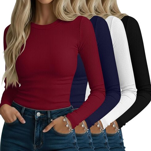 Neer 4 Pack قمصان نسائية مضلعة طويلة الأكمام، قطن رقبة دائرية قمصان علوية ضيقة قابلة للتمدد كاجوال بطبقة أساسية أساسية in Kuwait