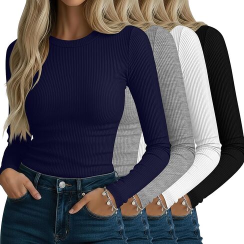 Neer 4 Pack قمصان نسائية مضلعة طويلة الأكمام، قطن رقبة دائرية قمصان علوية ضيقة قابلة للتمدد كاجوال بطبقة أساسية أساسية in Kuwait