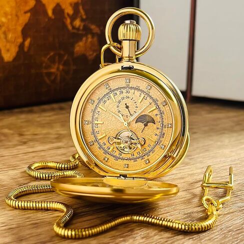 VIGOROSO Mechanical Pocket Watches for Men with Chain Tourbillon Vintage Men's Pocket Watch for Women Wind Up Gold Pocketwatch Arabic Wedding Christmas Birthday Gifts for Men Women in Saudi Arabia