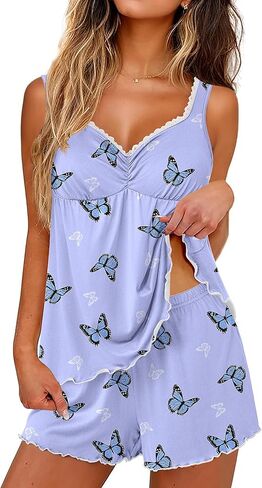 Ekouaer Womens Pajama Sets 2 Piece Cute Pj Set Lace V Neck Tank Top and Shorts Sleepwear Soft Sexy Lingerie Bridal Nightwear in Saudi Arabia