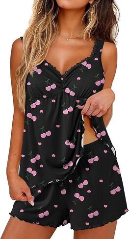 Ekouaer Womens Pajama Sets 2 Piece Cute Pj Set Lace V Neck Tank Top and Shorts Sleepwear Soft Sexy Lingerie Bridal Nightwear in Saudi Arabia