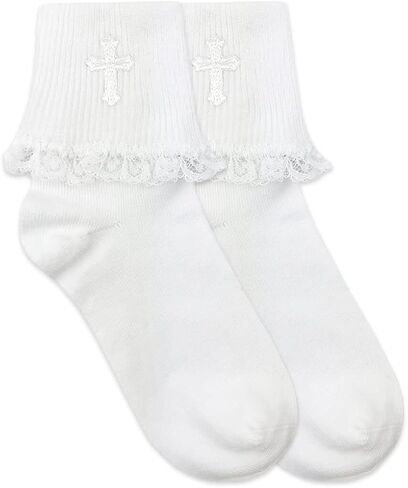 Jefferies Socks Girls Cross Lace Trim First Holy Communion Easter Turn Cuff Socks 1 Pair Pack in Saudi Arabia