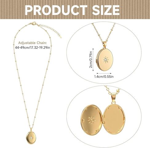 Gold Locket Necklace for Women - Oval Zircon Photo Locket Necklace, Golden Plated Brass, Holds Pictures, Birthday Gifts for Women in Saudi Arabia