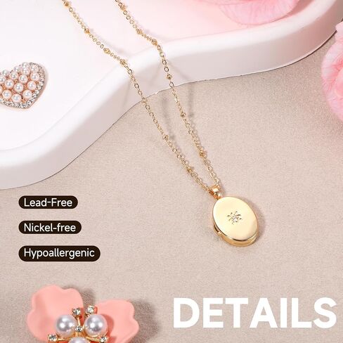 Gold Locket Necklace for Women - Oval Zircon Photo Locket Necklace, Golden Plated Brass, Holds Pictures, Birthday Gifts for Women in Saudi Arabia