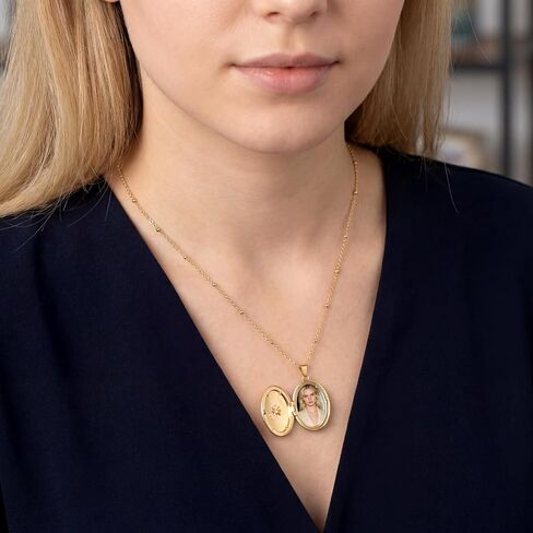 Gold Locket Necklace for Women - Oval Zircon Photo Locket Necklace, Golden Plated Brass, Holds Pictures, Birthday Gifts for Women in Saudi Arabia