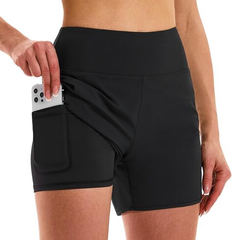 HODOSPORTS Women's 5'' High Waisted Swim Board Shorts Quick Dry Swimsuit Bottoms Bathing Suit with Liner Pockets 2 in 1 Trunk in Saudi Arabia