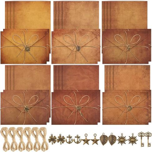 الورق والأظرف الثابتة، مجموعة قرطاسية لكتابة الرسائل، تتضمن أوراقًا عتيقة، وأظرفًا عتيقة، وإكسسوارات قديمة، وحبال (60 قطعة) in Kuwait