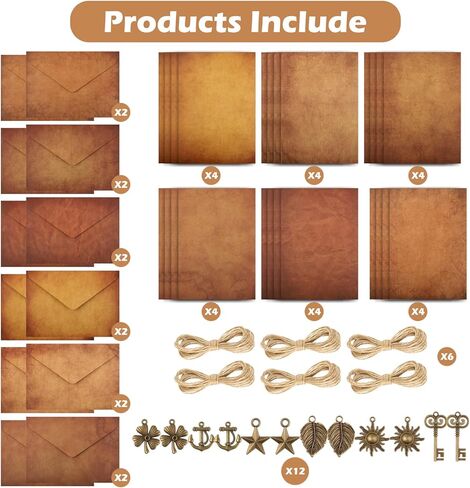 الورق والأظرف الثابتة، مجموعة قرطاسية لكتابة الرسائل، تتضمن أوراقًا عتيقة، وأظرفًا عتيقة، وإكسسوارات قديمة، وحبال (60 قطعة) in Kuwait