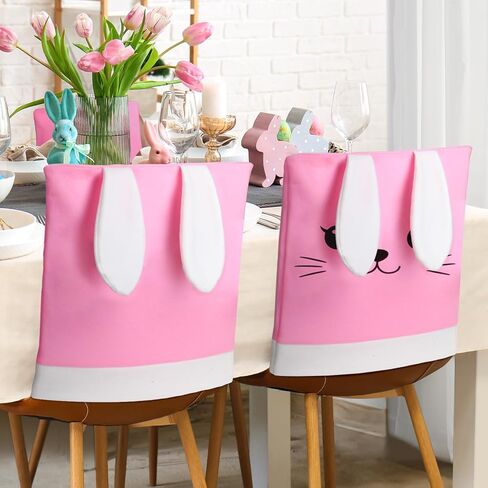 Easter Chair Covers Set of 4, Cute Bunny Rabbit Chair Back Covers Removable and Washable Stretch Slipcovers for Easter Dinning Table and Bunny Themed Birthday Party Decor in Saudi Arabia