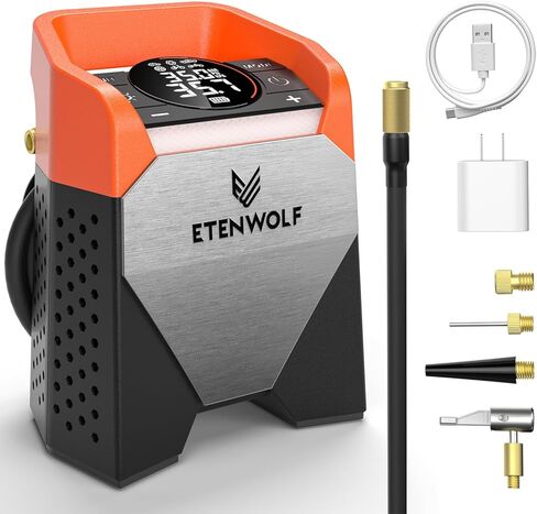 ضاغط هواء محمول من ETENWOLF Zephyr S5 للخدمة الشاقة، مضخة هواء لاسلكية 160 رطل لكل بوصة مربعة و15600 مللي أمبير في الساعة مع ضوء LED لإطارات السيارات والدراجة والدراجات النارية والكرات والالتقاطات (برتقالي زاهي) in Kuwait