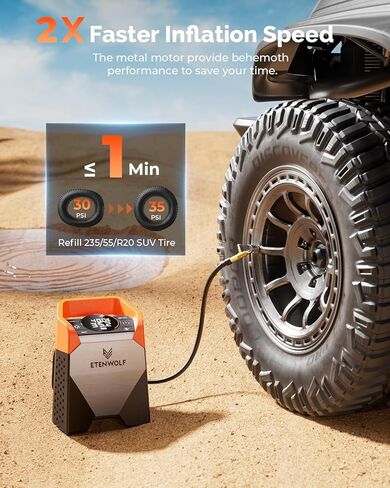 ضاغط هواء محمول من ETENWOLF Zephyr S5 للخدمة الشاقة، مضخة هواء لاسلكية 160 رطل لكل بوصة مربعة و15600 مللي أمبير في الساعة مع ضوء LED لإطارات السيارات والدراجة والدراجات النارية والكرات والالتقاطات (برتقالي زاهي) in Kuwait