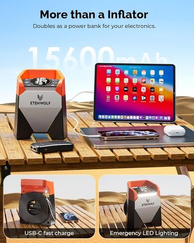 ضاغط هواء محمول من ETENWOLF Zephyr S5 للخدمة الشاقة، مضخة هواء لاسلكية 160 رطل لكل بوصة مربعة و15600 مللي أمبير في الساعة مع ضوء LED لإطارات السيارات والدراجة والدراجات النارية والكرات والالتقاطات (برتقالي زاهي) in Kuwait