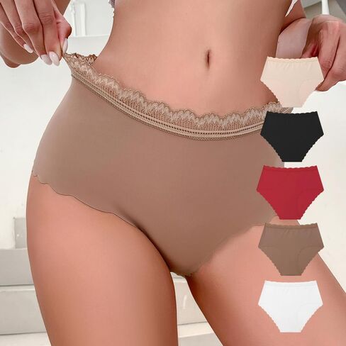 5 Pack Ice Silk Seam Free Low Line Lace Edge Panties, Women Low Rise Lace Hipster Panties, Soft Smooth Style in Saudi Arabia