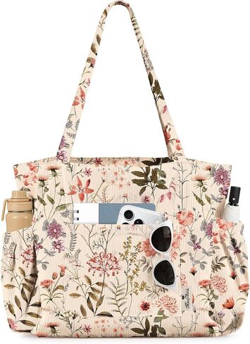 Cute Corduroy Tote Bag for Women - Large Capacity Multi-Pocket Shoulder Bag with Zipper in Kuwait