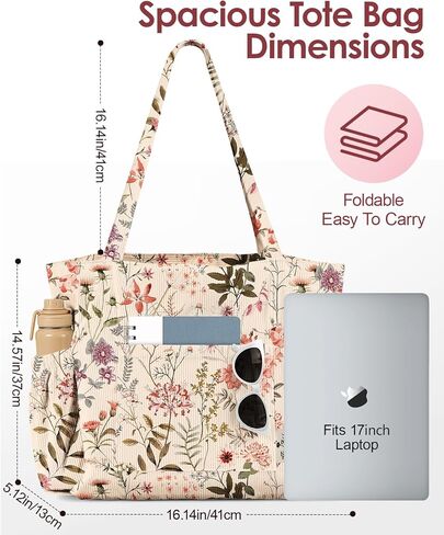 Cute Corduroy Tote Bag for Women - Large Capacity Multi-Pocket Shoulder Bag with Zipper in Kuwait