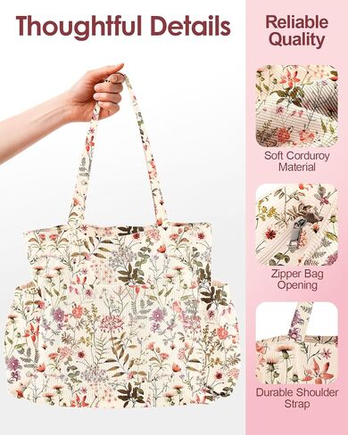 Cute Corduroy Tote Bag for Women - Large Capacity Multi-Pocket Shoulder Bag with Zipper in Kuwait
