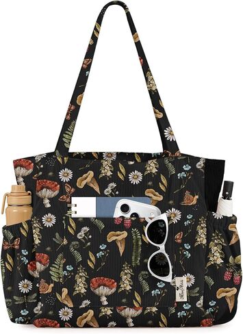 Cute Corduroy Tote Bag for Women - Large Capacity Multi-Pocket Shoulder Bag with Zipper in Kuwait