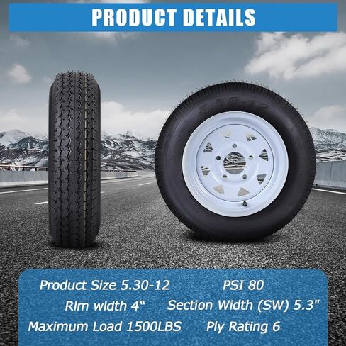2 حزمة 2 5.30-12 5.30x12 530-12 5.30-12 إطارات مقطورة مع إطارات 12 بوصة، 5 عروة على 4.5 بوصة، نطاق تحميل C، 6PR in Kuwait