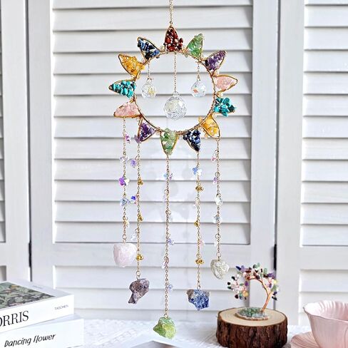 7 Chakra Crystal Sun Catcher Hanging Decor, Rainbow Maker with 3 K9 Crystal Prism Balls & Natural Crystal Stone, Wall and Window Decor Ornament for Home, Bedroom, Balcony, Handmade Gift. in Saudi Arabia