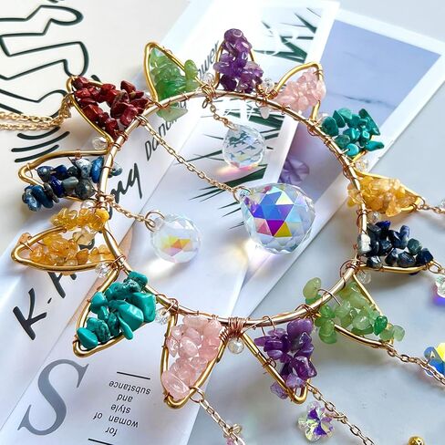 7 Chakra Crystal Sun Catcher Hanging Decor, Rainbow Maker with 3 K9 Crystal Prism Balls & Natural Crystal Stone, Wall and Window Decor Ornament for Home, Bedroom, Balcony, Handmade Gift. in Saudi Arabia