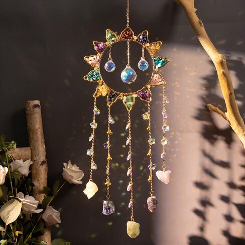 7 Chakra Crystal Sun Catcher Hanging Decor, Rainbow Maker with 3 K9 Crystal Prism Balls & Natural Crystal Stone, Wall and Window Decor Ornament for Home, Bedroom, Balcony, Handmade Gift. in Saudi Arabia