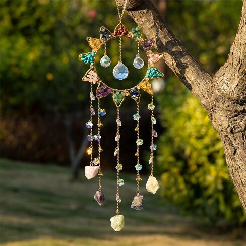 7 Chakra Crystal Sun Catcher Hanging Decor, Rainbow Maker with 3 K9 Crystal Prism Balls & Natural Crystal Stone, Wall and Window Decor Ornament for Home, Bedroom, Balcony, Handmade Gift. in Saudi Arabia