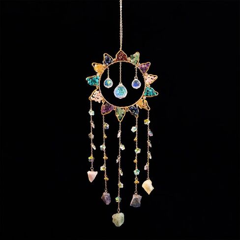 7 Chakra Crystal Sun Catcher Hanging Decor, Rainbow Maker with 3 K9 Crystal Prism Balls & Natural Crystal Stone, Wall and Window Decor Ornament for Home, Bedroom, Balcony, Handmade Gift. in Saudi Arabia