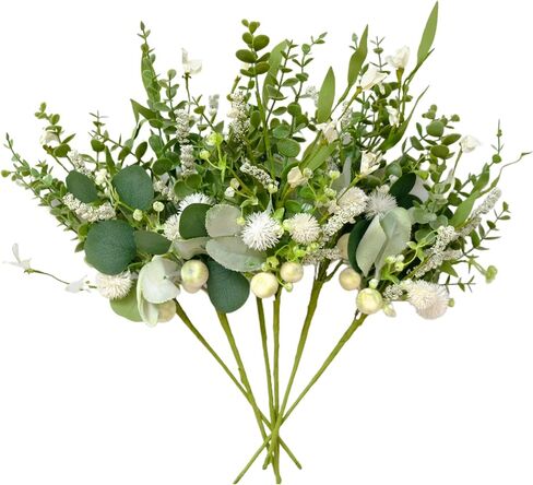 6 Pcs Spring Green Stems, 18 inch Artificial Eucalyptus Stem with White Florals for Home, Party & Wedding Decor Green Picks for Table Fireplace Vase DIY Wreath Decor in Saudi Arabia